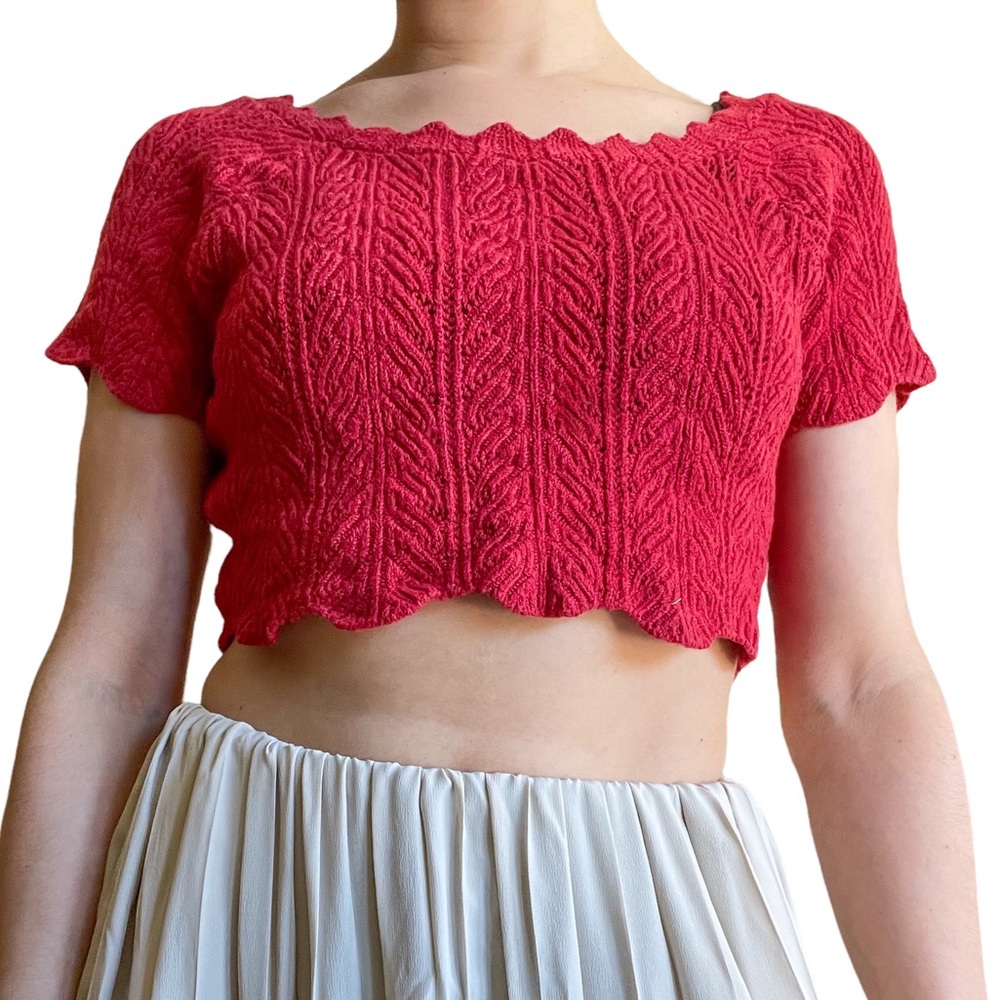 VINTAGE 90s BLUE ASPHALT RED KNIT RUFFLE CROP TOP size small